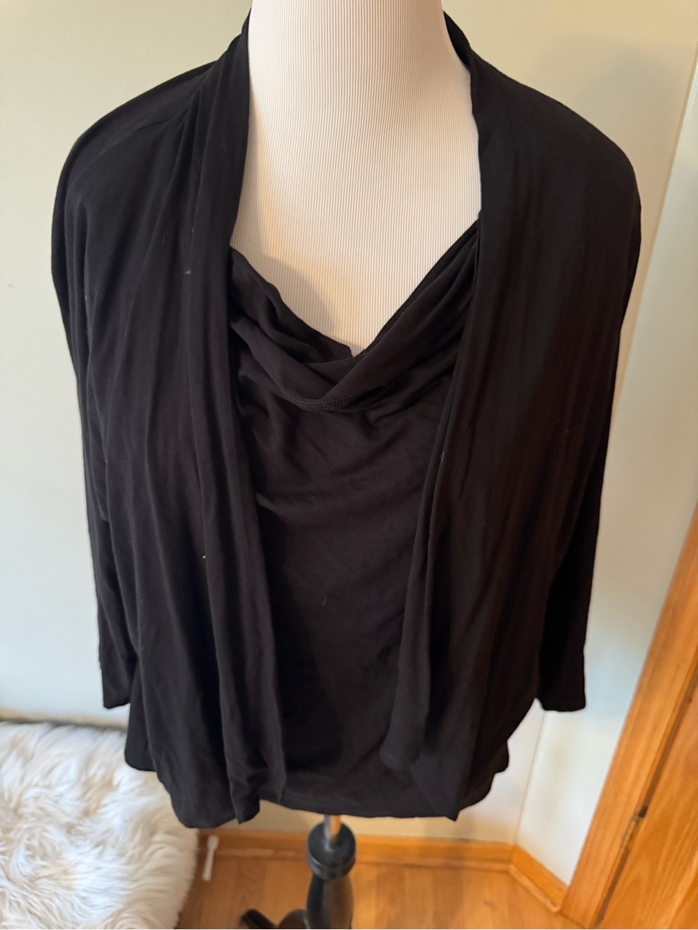 Evan Picone Black Open-Front Draped Cardigan